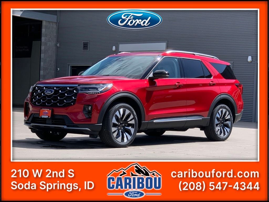 2026 Ford Explorer Platinum in Rapid Red Metallic Tinted Clearcoat — front three-quarter view