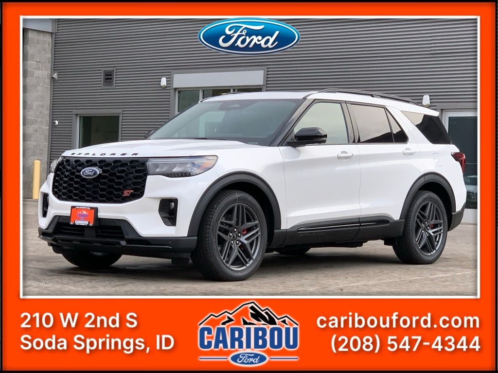 2026 Ford Explorer ST in Star White Metallic Tri-Coat — front three-quarter view