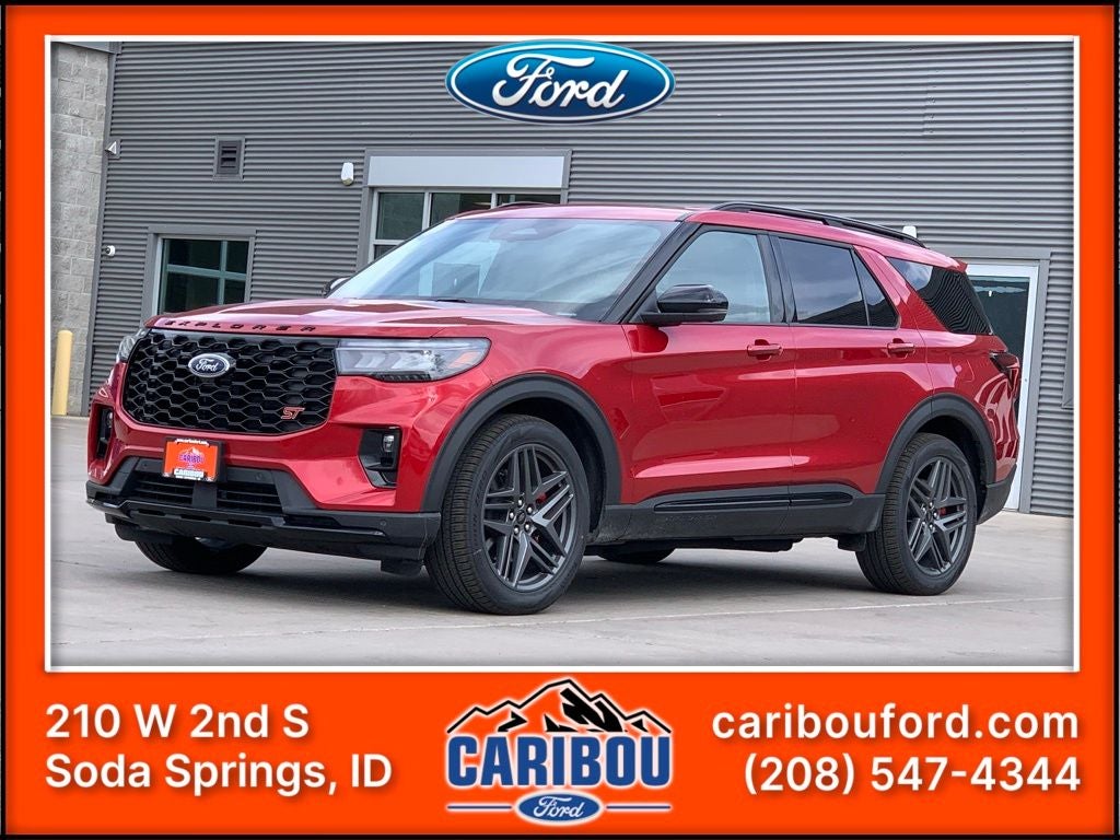 2026 Ford Explorer ST in Rapid Red Metallic Tinted Clearcoat — front three-quarter view